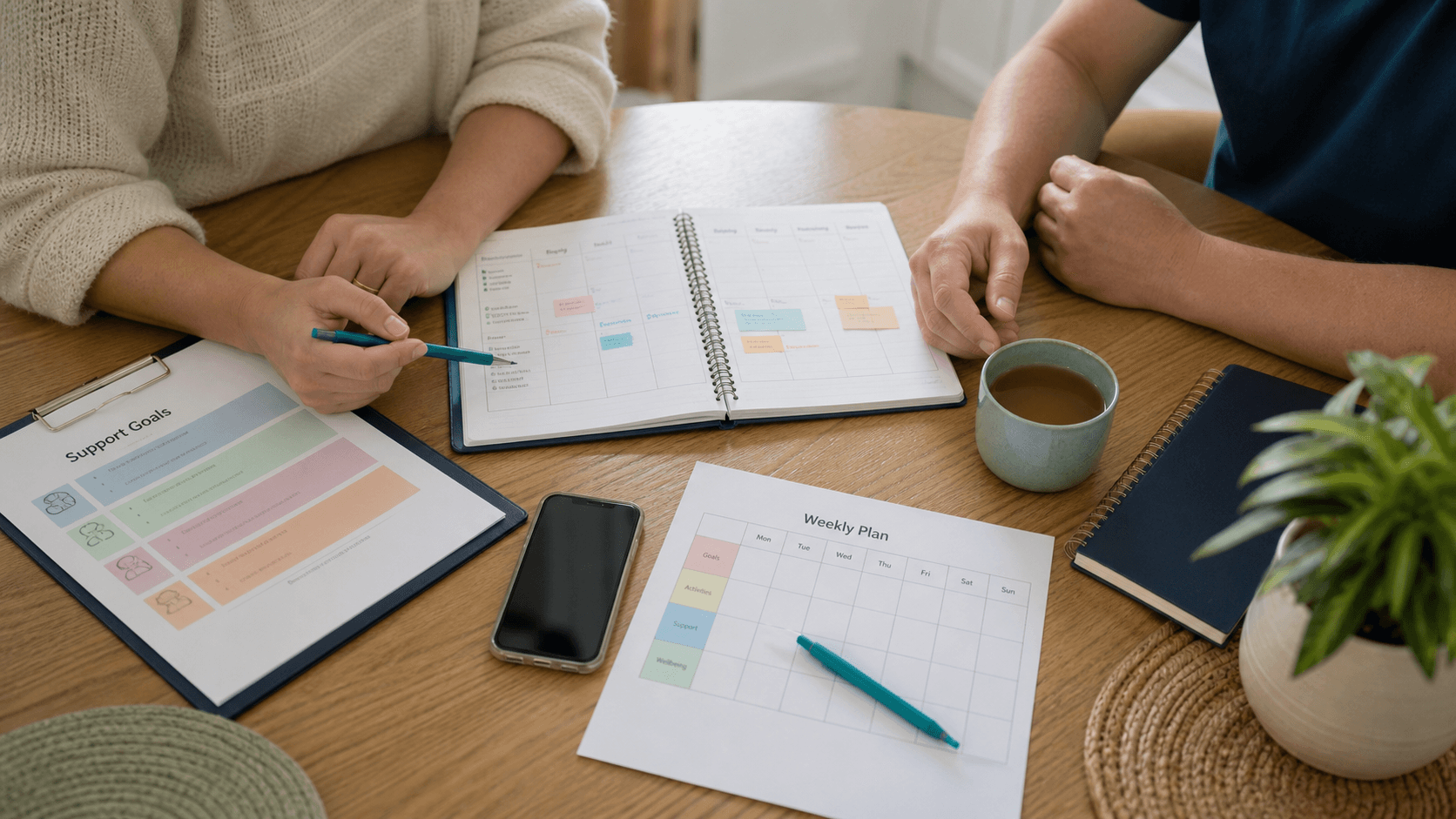Support planning documents, weekly planner, and notes on a table